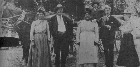 Sally Ann Castagnetto; Commissioner William W. Foote; Nancy; John Stevens, Guardian (in background); unidentified visitor; Mrs. J. B. Cook, wife of the proprietor of the Sentinel Hotel; about 1903