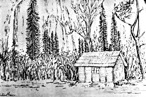 [Sketch of John Muir’s cabin at the base of Yosemite Falls]