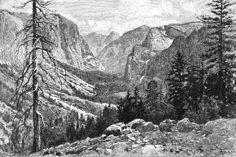 [View of the Yosemite Valley from Point Lookout—El Capitan on the left, the Bridal Veil Fall on the right, the Half Dome in the distance.]