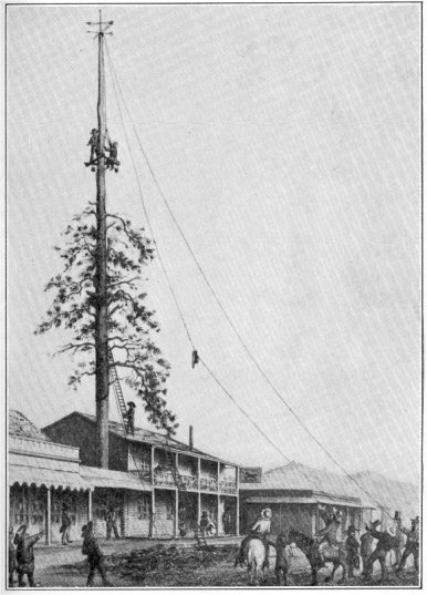 The pioneer Schlageter Hotel. Trimming its famous flagpole in 1859