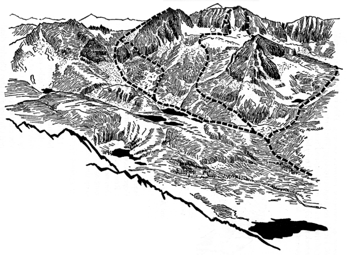 Sketch 10. Mounts Dade and Abbot from the east. From left to right: Mount Dade, Route 1 and variation; Mount Abbot, Routes 3 and 4.