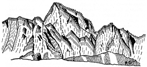 Sketch 12. Mount Humphreys from the west. From left to right: Route 2 (variation), Route 2, Route 6, Route 1, Route 4, and Southeast Pinnacle Route.