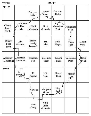 Index map for 7.5' topographic maps of the Yosemite area