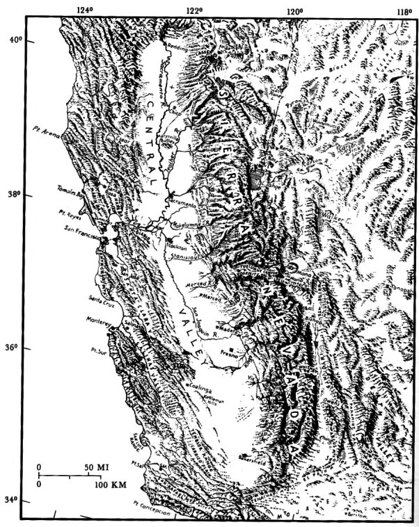 THE SIERRA NEVADA, a strongly asymmetric mountain range with a deep east escarpment and a gentle westward slope toward the broad Central Valley of California. Physiography from landform map by Erwin Raisz: used with permission. (Fig. 2)