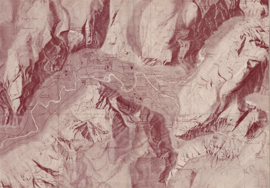 The end paper is a portion of a map of Yosemite Valley. The topography is by Franois Matthes and stands as one of the most beautiful topographic maps ever published. Matthes urged for many years that the United States Geological Survey should publish shaded topographic maps and left his own version of shading with the Survey upon his retirement. The portion herewith is an approximation of what he had hoped for and is reproduced in one color from the U.S.G.S. sheet, which is in five colors.