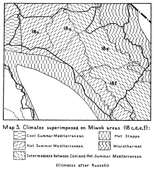 Map 3. Climates superimposed on Miwok areas (18c, d, e, f)