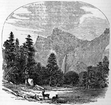 DISTANT VIEW OF THE 'POHONO,' (INDIAN NAME,) OR BRIDAL VEIL WATERFALL. From a Photograph by C. L. Weed.