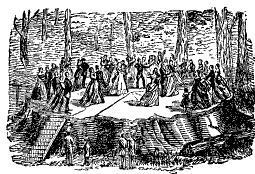 Woodcut of people dancing on 'Father of the Forest' Giant Sequoia stump