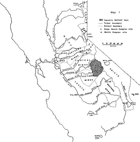 Illustration 1. Location of Indian tribes in the vicinity of Yosemite National Park. From James A. Bennyhoff, An Appraisal of the Archaeological Resources of Yosemite National Park, 1956