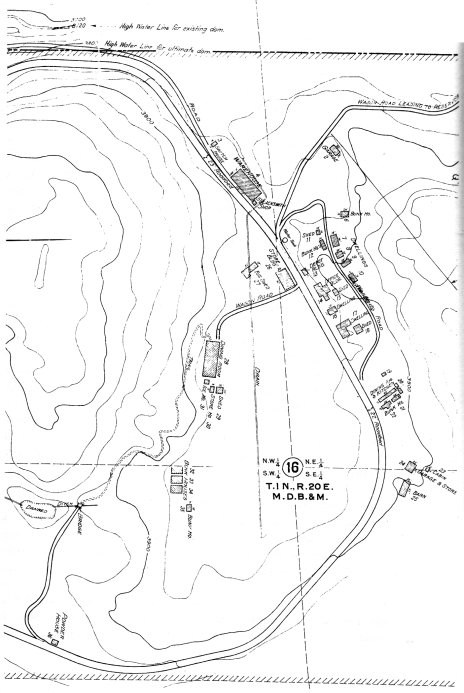 Illustration 118. Plat of O'Shaughnessy Dam camp site, showing roads and buildings, 1925. Yosemite Research Library and Records Center