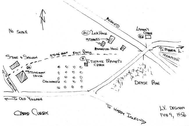 Illustration 16. Area of Yosemite Valley in front of Stoneman House. Information from Laurence Degnan, 1956. Drawing by Erwin N. Thompson