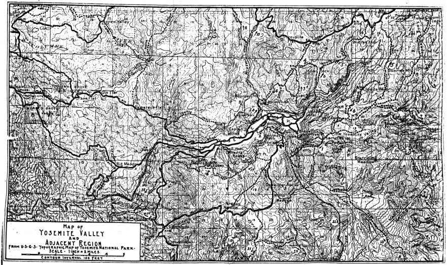 Illustration 68. Map of Yosemite Valley and adjacent region. Note the Carlin Trail, used by cattlemen, from Aspen Valley to Ackerson Meadow. Hall also mentions a seldom-used ''Packers' Trail'' beginning about one mile north of Aspen Valley and bearing north to Hetch Hetchy. From Hall, Guide to Yosemite, 1920