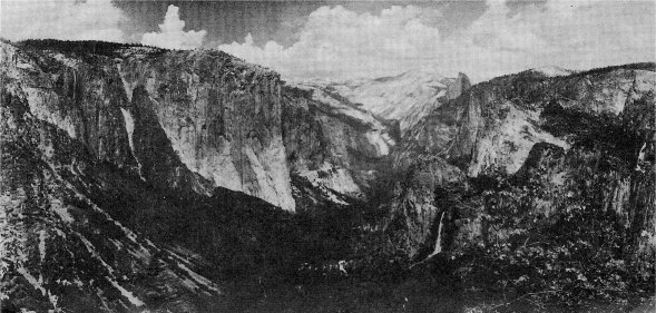 Yosemite Valley from Inspiration Point. El Capitan (left), Clouds Rest (center background), Half Dome and Sentinel Dome (right), Bridalveil Fall (lower right). By Ralph Anderson